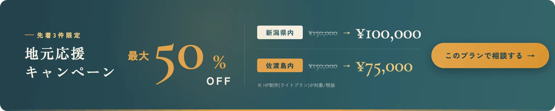 地元応援キャンペーン 最大50%OFF。新潟県内¥150,000→¥100,000、佐渡島内¥150,000→¥75,000。先着3件限定・HP制作(ライトプラン)対象/税抜。このプランで相談する。